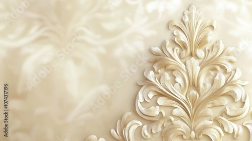 Elegant embossed damask design in soft champagne gold, set against a softly lit beige backdrop for a classic, luxurious texture,
