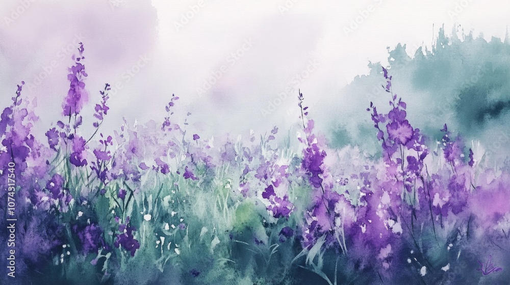 Fototapeta premium Watercolor painting of purple blooms in a lush meadow