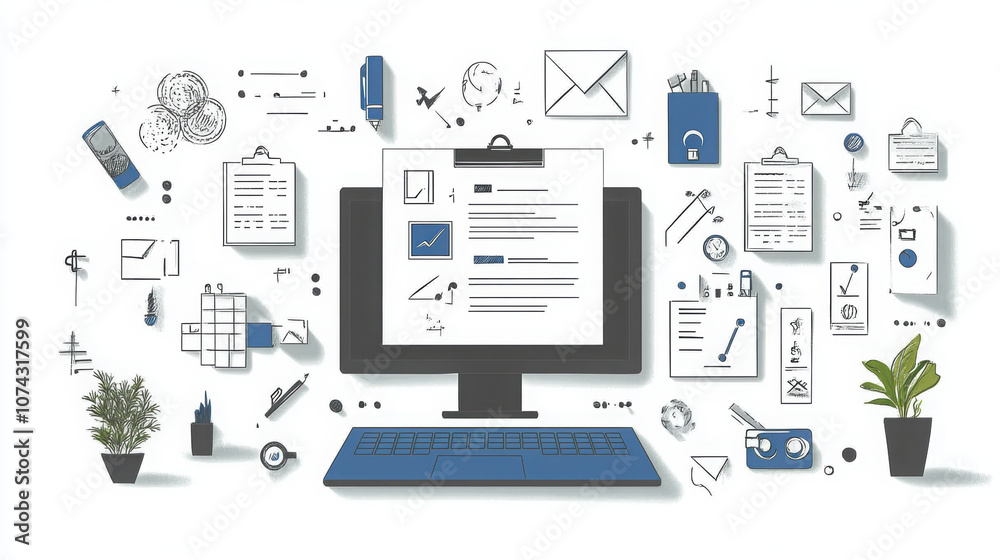 Digital workspace with computer, documents, and office supplies Digital workspace with computer, documents, and office supplies