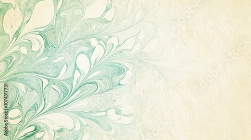 Delicate marbled design in pastel green and cream on a textured old paper background, reminiscent of vintage botanical illustrations,