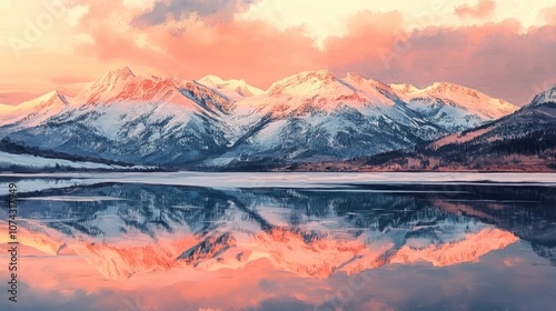 Watercolor sunset reflecting on snow covered mountains