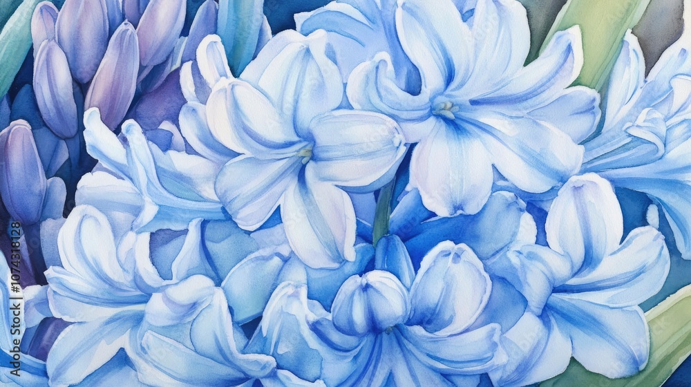 Light blue hyacinth in bloom close up Watercolor botanical illustration of flowers Light blue hyacinth in bloom close up Watercolor botanical illustration of flowers
