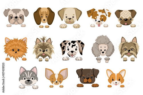 Dog faces and paws collection. Vector illustration of different breed dog heads with paws in flat style. Isolated illustrations set on white