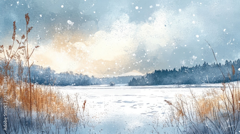 Fototapeta premium Digital watercolor artwork depicting a view of snowy fields in a northern region