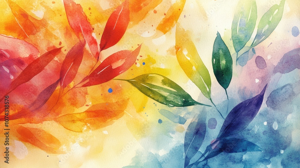 Fototapeta premium Watercolor illustration featuring an abstract vibrant background created from a blend of colors dots and leaves Dynamic diagonal composition