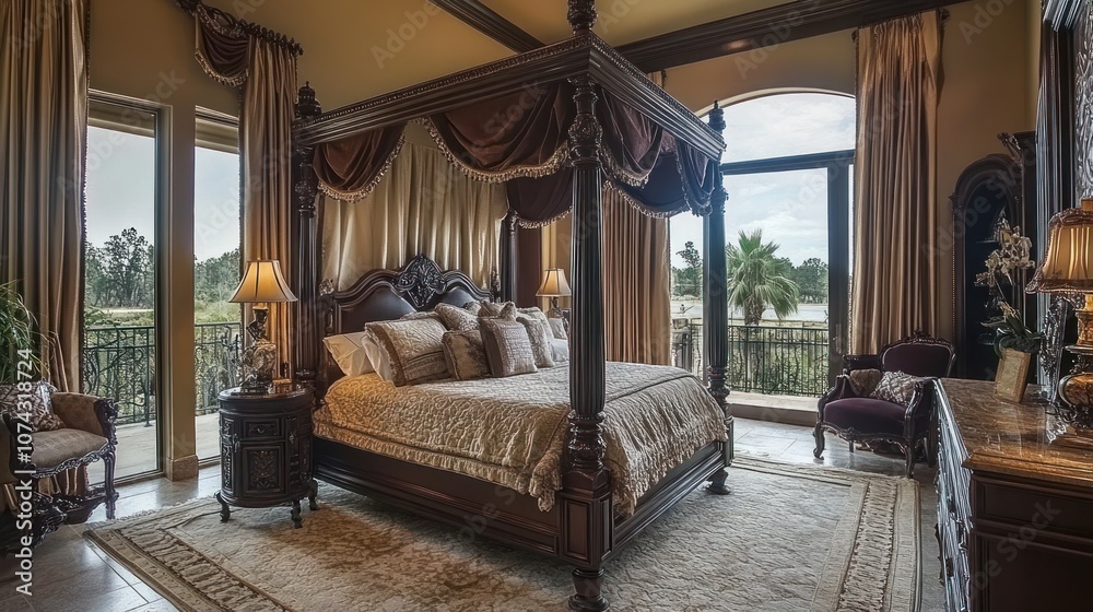 Fototapeta premium Traditional luxury bedroom with four-poster bed, classic decor, and rich textures 