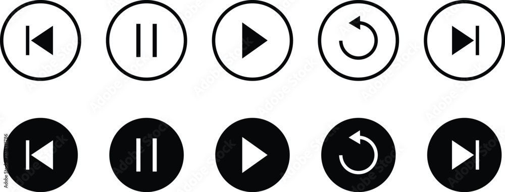 Media player icons. Player button icon. Vector play, rewind, pause ...