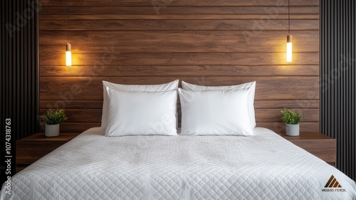 Wallpaper Mural A stylishly designed bedroom with a wooden wall, a cozy bed featuring white pillows, and soft lighting creating a warm ambiance. Torontodigital.ca