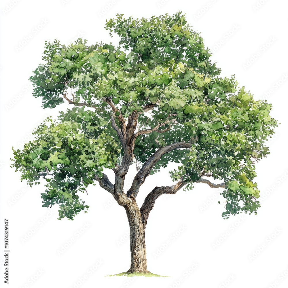 Obraz premium Watercolor Bright Green Cork Oak Tree Illustration