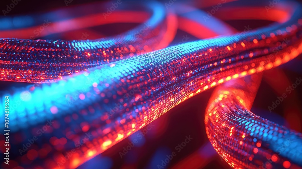 Abstract colorful digital circuit background, glowing wires in red and blue. Abstract colorful digital circuit background, glowing wires in red and blue.