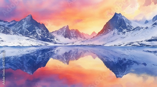 Watercolor sunset reflecting on snow covered mountains