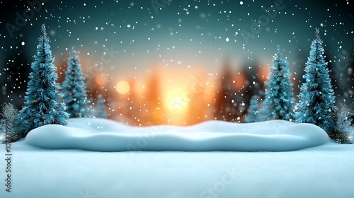 Experience the magic of a snowy winter sunset over a tranquil landscape filled with evergreen trees