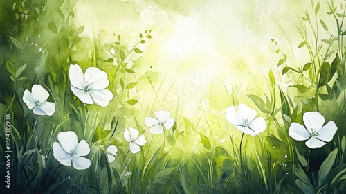 Watercolor illustration of white flowers blooming in a sunny meadow surrounded by lush green grass