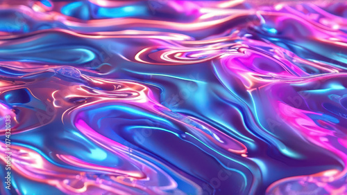 Iridescent liquid metal surface with ripples. 3d illustration. Abstract fluorescent background. Fluid neon leak backdrop. Ultraviolet viscous substance. Generative Ai.