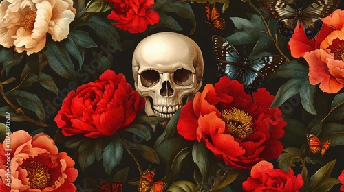 Skull surrounded by flowers and butterflies