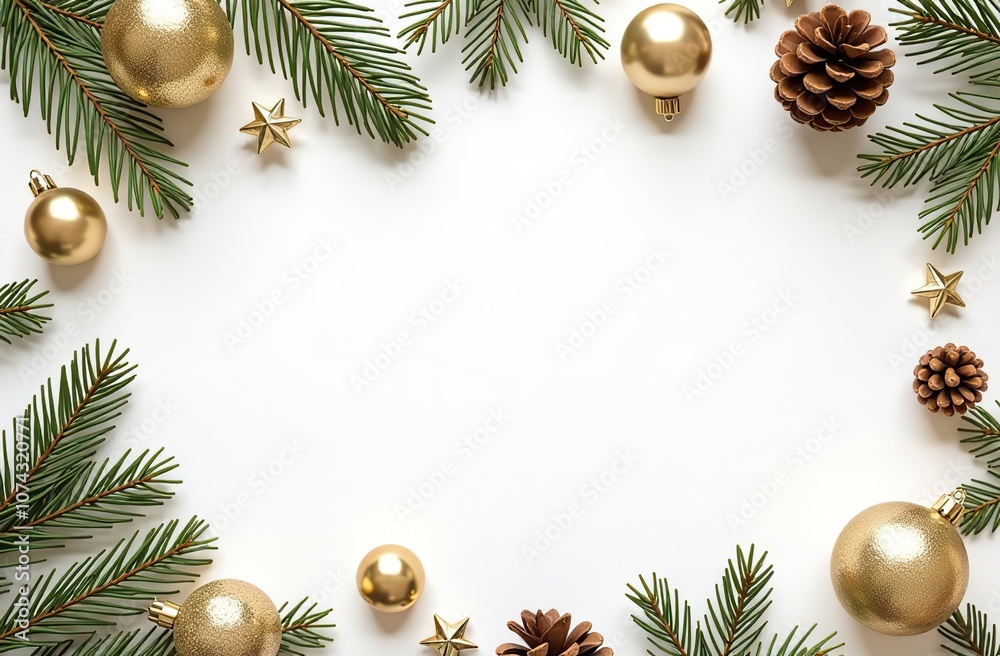 Flat lay of Christmas ornaments, pine cones, and festive decorations arranged on a white background. in golden colors Flat lay of Christmas ornaments, pine cones, and festive decorations arranged on a white background. in golden colors