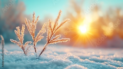 Frosty morning sunshine illuminates delicate plants in a winter wonderland landscape