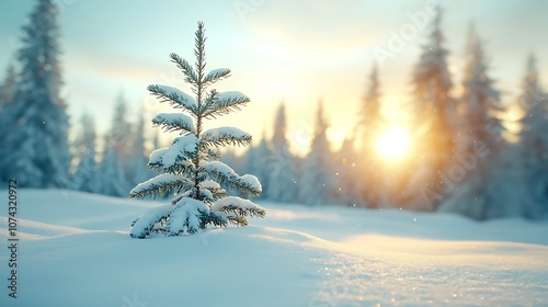 Snow-covered tree glimmers in soft sunrise light amidst winter wonderland landscape