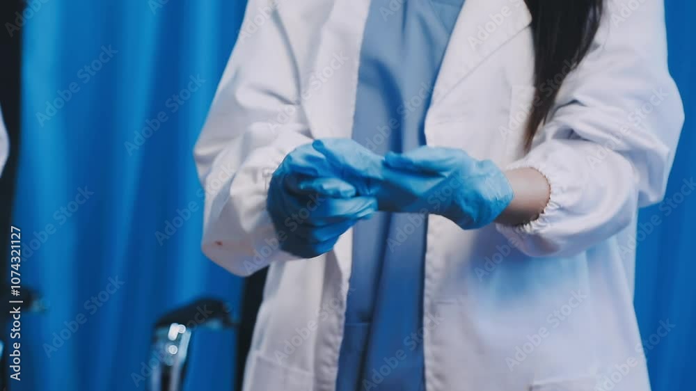 Confident young male doctor in facial mask putting on gloves over grey studio background. Successful medical worker in lab coat wearing protection during coronavirus epidemic Confident young male doctor in facial mask putting on gloves over grey studio background. Successful medical worker in lab coat wearing protection during coronavirus epidemic