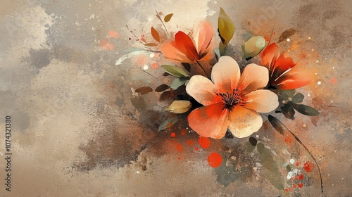 Abstract digital watercolor floral composition on brown background