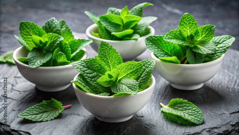 Fresh Green Mint Leaves in Ceramic Bowls on Slate Background for Culinary and Healing Uses Fresh Green Mint Leaves in Ceramic Bowls on Slate Background for Culinary and Healing Uses