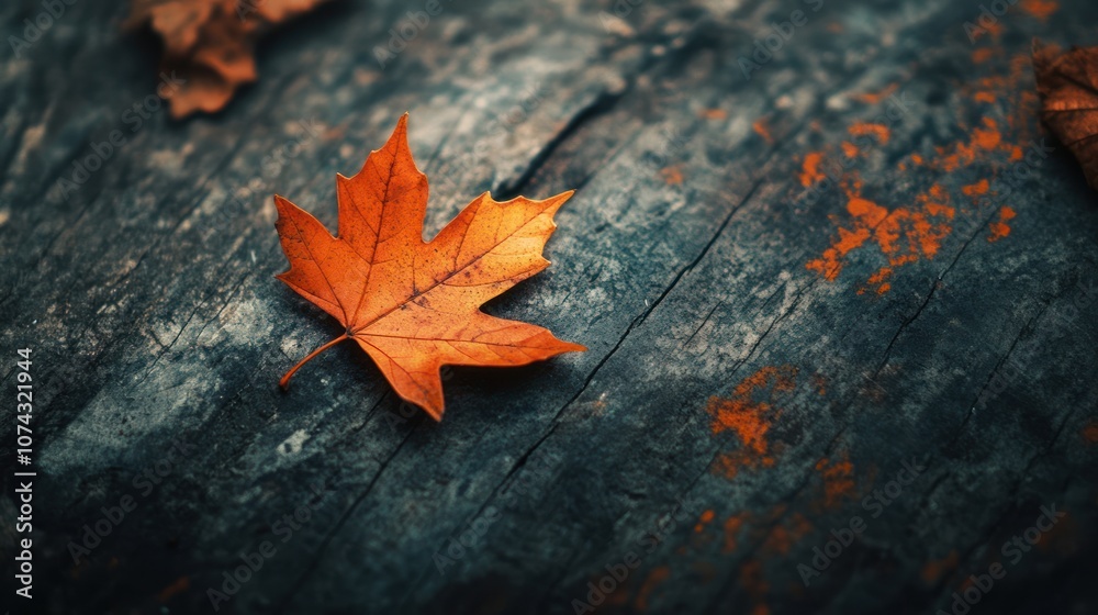 Autumn Leaf on Rough Wooden Plank Autumn Leaf on Rough Wooden Plank