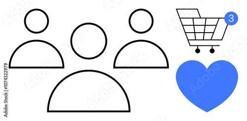 Simplified symbols of three user figures, shopping cart with three notifications, and blue heart. Ideal for user engagement, e-commerce, social interaction, customer support, feedback, online