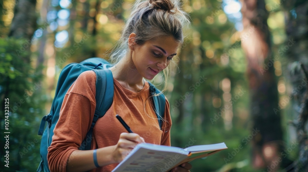 A solo traveler practicing mindfulness and journaling in a serene forest taking time to reflect and rejuvenate on their alcoholfree retreat. A solo traveler practicing mindfulness and journaling in a serene forest taking time to reflect and rejuvenate on their alcoholfree retreat.