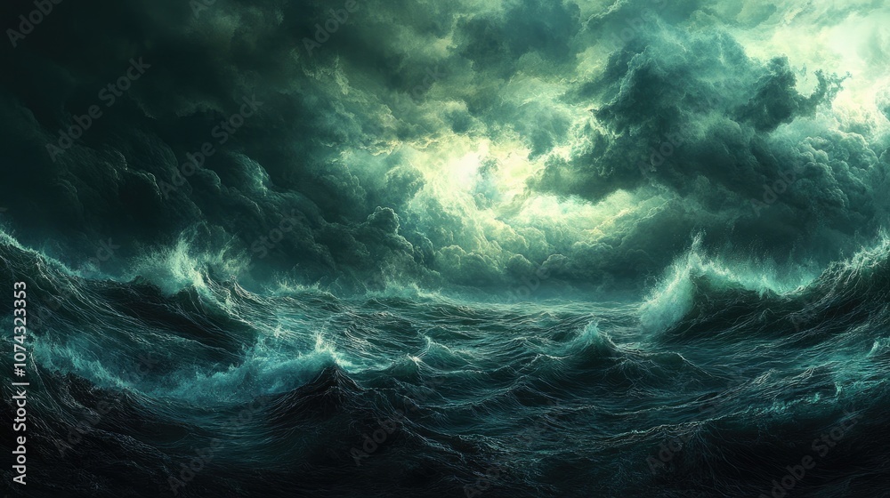 A turbulent sea surface beneath a moody cloud filled sky as a storm draws near