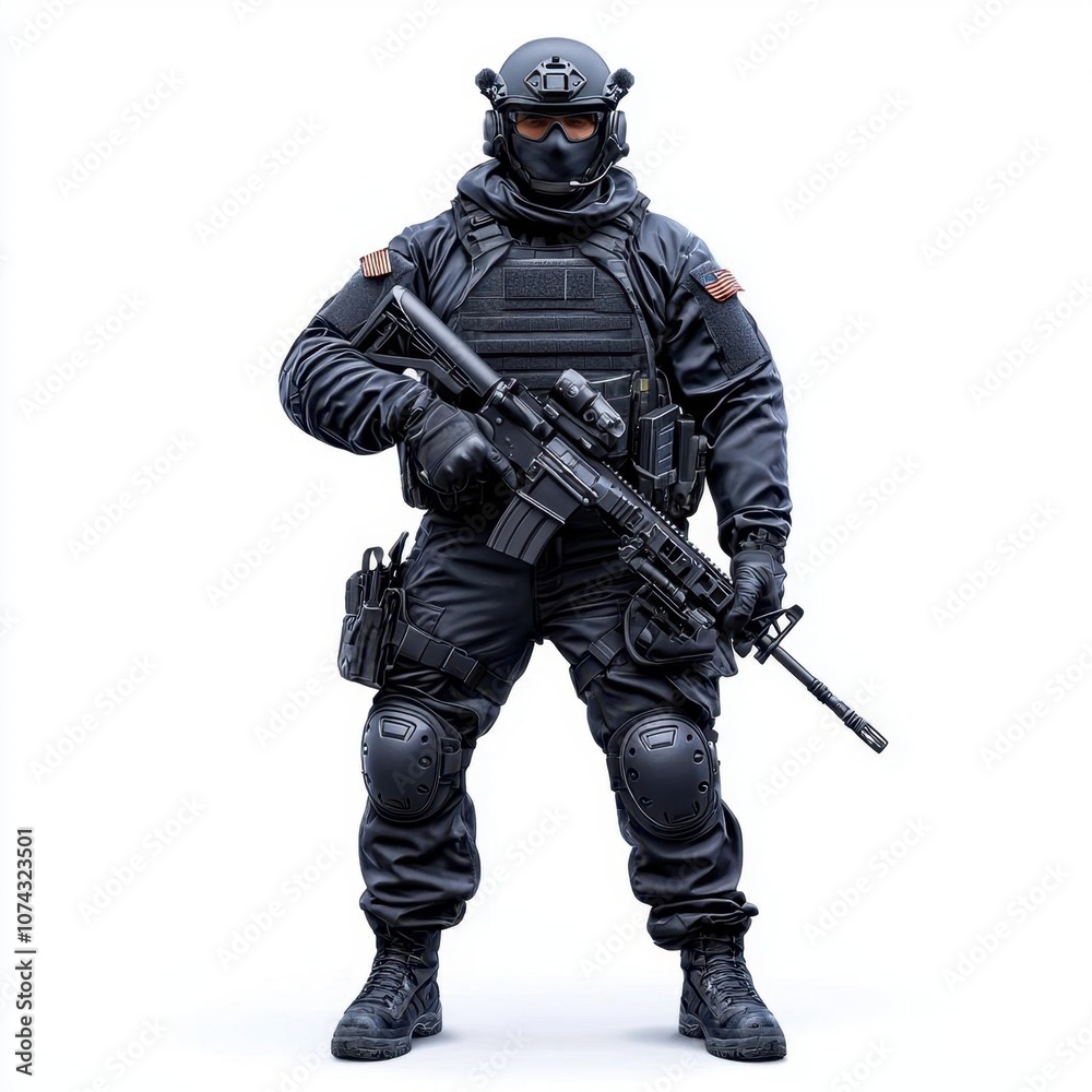 A photostock of a man in tactical gear holding a rifle, isolated on white background, High Quality A photostock of a man in tactical gear holding a rifle, isolated on white background, High Quality