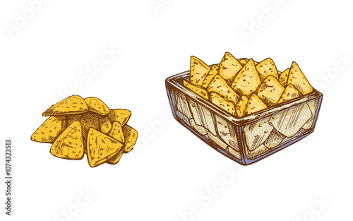 Hand-drawn colored sketches of nachos in a glass bowl and handful of nachos. Vintage drawing. Vector black ink outline food illustration. Mexican food, cuisine. Illustration for the menu.