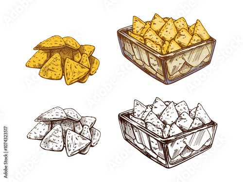 Hand-drawn colored and monochrome sketches of nachos in a glass bowl and handful of nachos. Vintage drawing. Vector black ink outline food illustration. Mexican food, cuisine. 