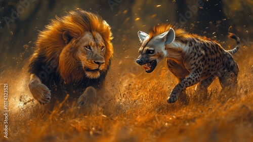 A majestic lion with a flowing mane charges toward a snarling hyena in a field of tall grass. photo