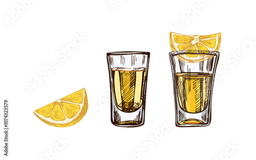 Hand-drawn colored shot glasses with tequila with a slices of lime. Design element set for the menu of bars and restaurants, alcohol stores. Vector sketches in engraving style. Mexican, Latin America.