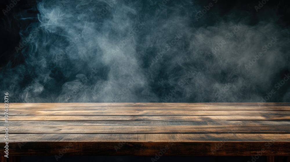 Empty wooden table with smoke rising against a dark backdrop providing open space for showcasing products Empty wooden table with smoke rising against a dark backdrop providing open space for showcasing products