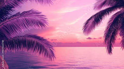 Palm trees featuring soft purple leaves set against a pastel sunset and tranquil sea with gentle hues and ample copy space
