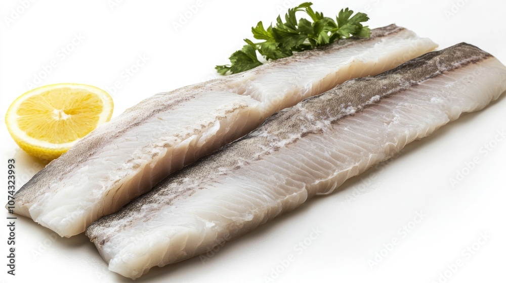 Fresh hake fillets displayed on a white background Fresh hake fillets displayed on a white background