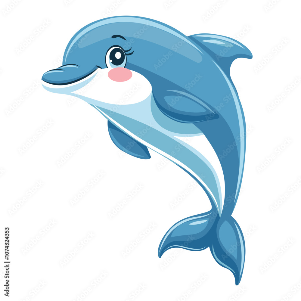 Fototapeta premium Vector illustration of a dolphin in cartoon style. Cute smiling dolphin on a white background.