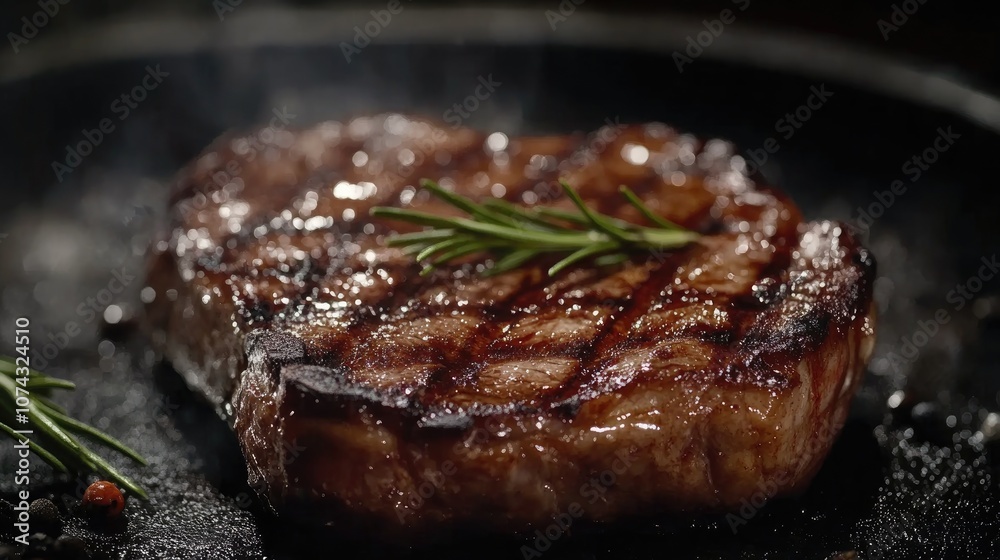 Close up of a grilled steak on a dark background elegantly presented hyper realistic style featuring a crispy and smooth texture appetizing and delicious Close up of a grilled steak on a dark background elegantly presented hyper realistic style featuring a crispy and smooth texture appetizing and delicious