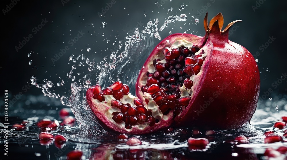 A vivid pomegranate splits apart spilling its succulent seeds and creating a splash of water highlighting the beauty and freshness of nature A vivid pomegranate splits apart spilling its succulent seeds and creating a splash of water highlighting the beauty and freshness of nature