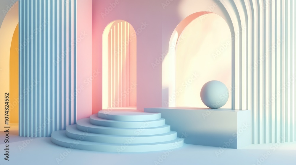 3D rendering of an abstract geometric background featuring stairs and a fashion podium designed as a minimalistic showcase with primitive arch shapes and art deco elements in pastel hues