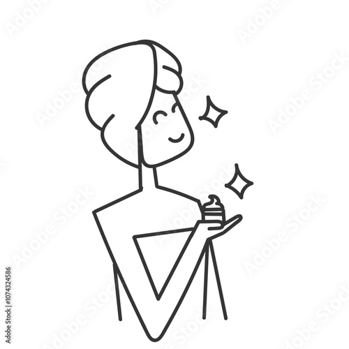 beauty woman with towel after bath holding beauty cream in doodle hand drawing cartoon