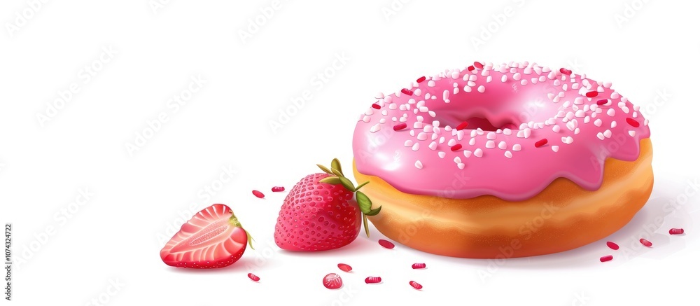 Delicious And Tempting Pink Strawberry Flavor Donut With Isolated Toppings