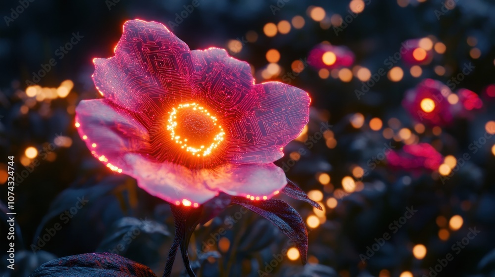 A glowing flower amidst a dark environment, illuminated with vibrant lights. A glowing flower amidst a dark environment, illuminated with vibrant lights.
