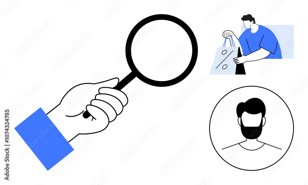 Large hand holding a magnifying glass, man carrying shopping bags in blue coat, bearded man in a circle. Ideal for retail analysis, identity verification, e-commerce trends, user research, personal Large hand holding a magnifying glass, man carrying shopping bags in blue coat, bearded man in a circle. Ideal for retail analysis, identity verification, e-commerce trends, user research, personal