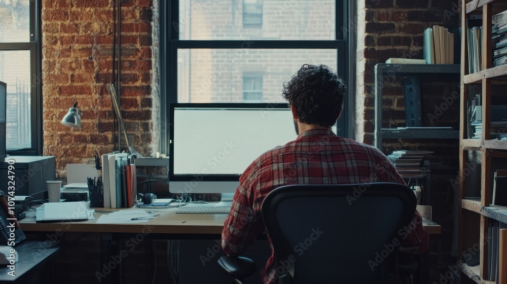 A person working at a desk with a computer in a cozy, brick-walled office space. A person working at a desk with a computer in a cozy, brick-walled office space.