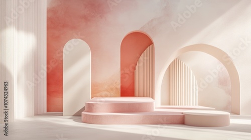 3D rendering of an abstract geometric background featuring stairs and a fashion podium designed as a minimalistic showcase with primitive arch shapes and art deco elements in pastel hues