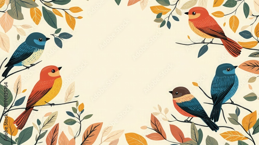 Frame filled with hand-drawn ethnic birds perched among leafy branches, all in warm, earthy tones with accents of bright colors, creating a balanced and inviting border. Frame filled with hand-drawn ethnic birds perched among leafy branches, all in warm, earthy tones with accents of bright colors, creating a balanced and inviting border.