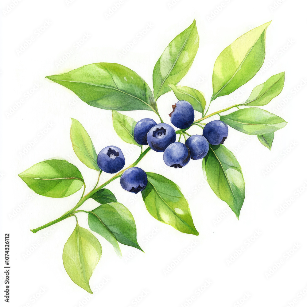 Watercolor Bright Blue Huckleberry Leaves Illustration Watercolor Bright Blue Huckleberry Leaves Illustration