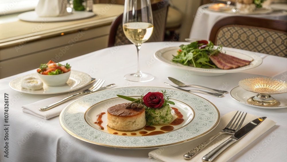 Elegant Gourmet Room Service Meal Presented on a Fine Dining Table. Generative AI Elegant Gourmet Room Service Meal Presented on a Fine Dining Table. Generative AI